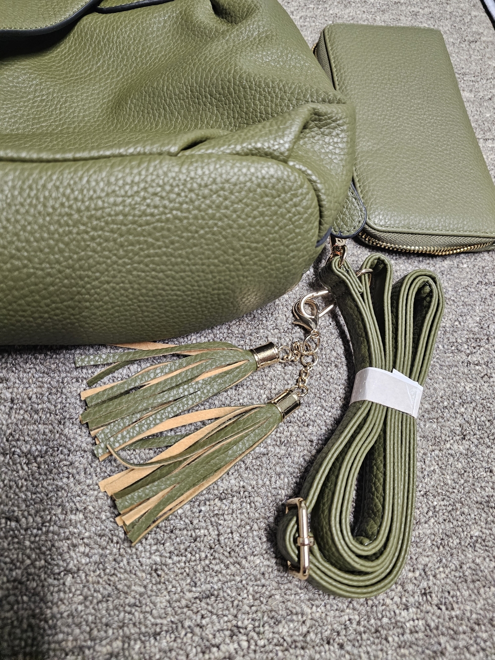 Olive Green Womens Tote Bag with Wallet and Tassel Accents - Picture 2 of 5